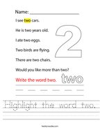 Highlight the word two Handwriting Sheet