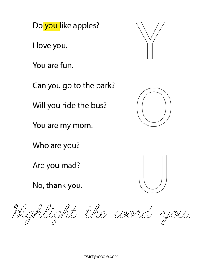 Highlight the word you. Worksheet