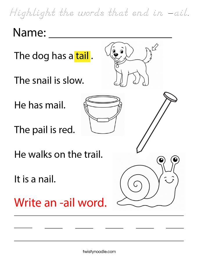 Highlight the words that end in -ail. Coloring Page