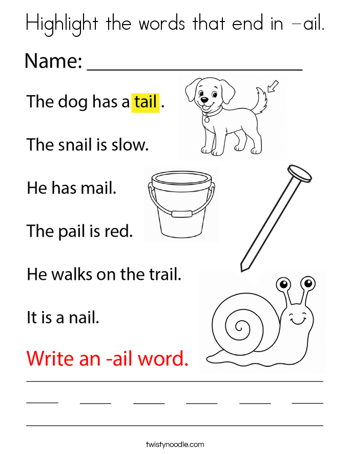 Highlight the words that end in -ail. Coloring Page