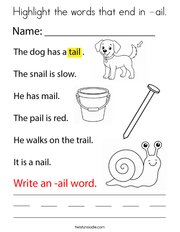 Highlight the words that end in -ail Coloring Page