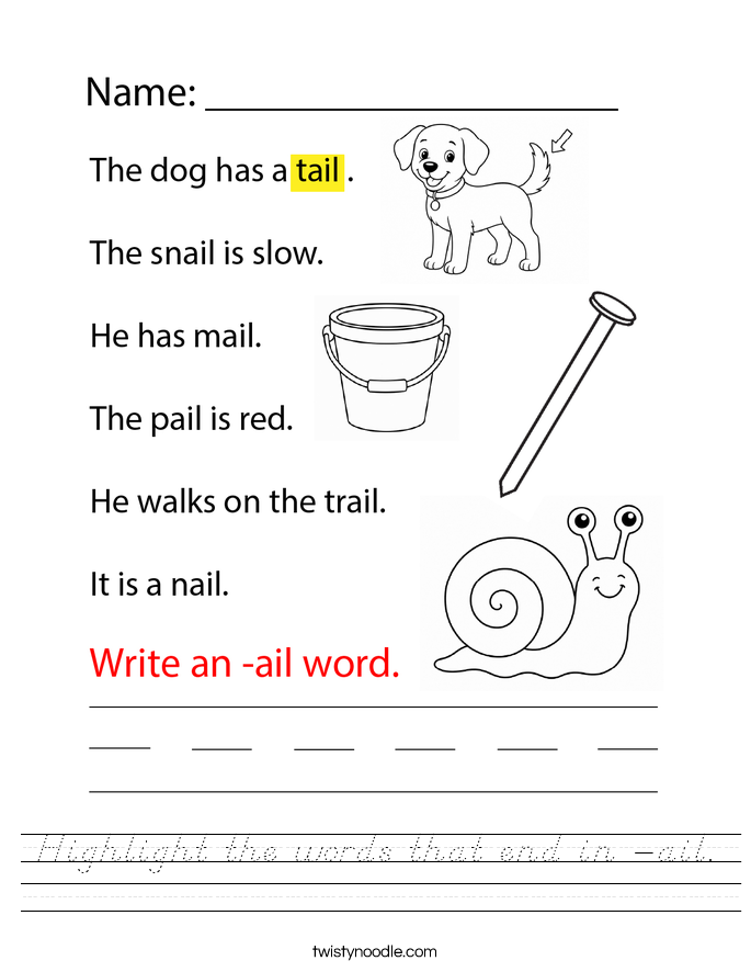 Highlight the words that end in -ail. Worksheet