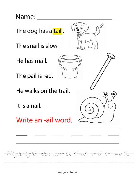 Highlight the words that end in -ail. Worksheet