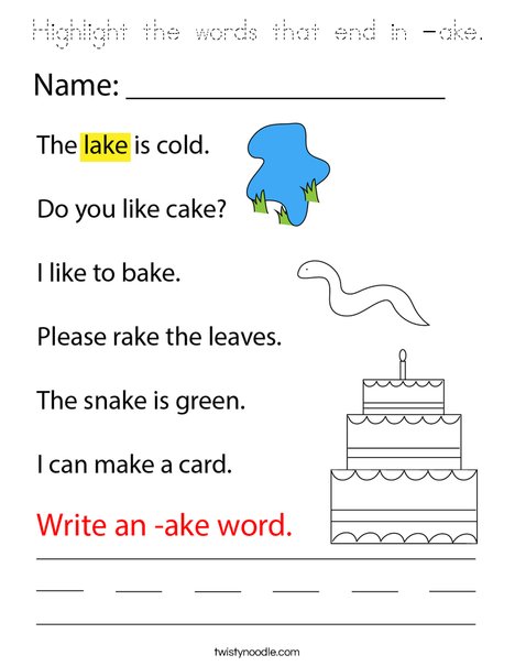 Highlight the words that end in -ake. Coloring Page