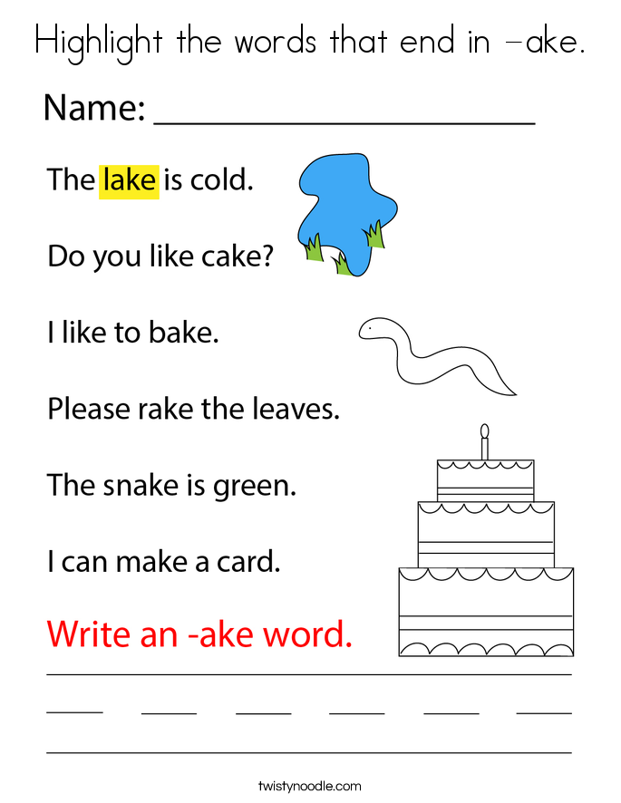 Highlight the words that end in -ake. Coloring Page