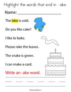 Highlight the words that end in -ake Coloring Page