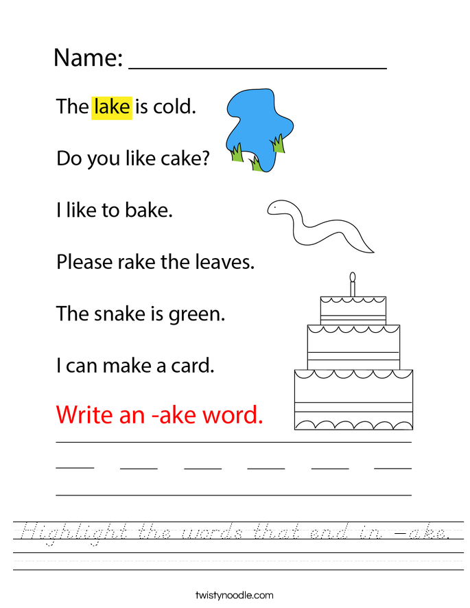 Highlight the words that end in -ake. Worksheet