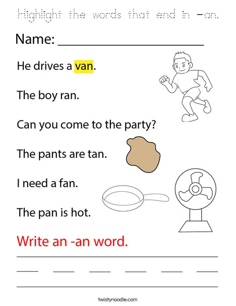 Highlight the words that end in -an. Coloring Page