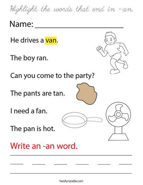 Highlight the words that end in -an. Coloring Page