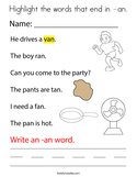 Highlight the words that end in -an Coloring Page