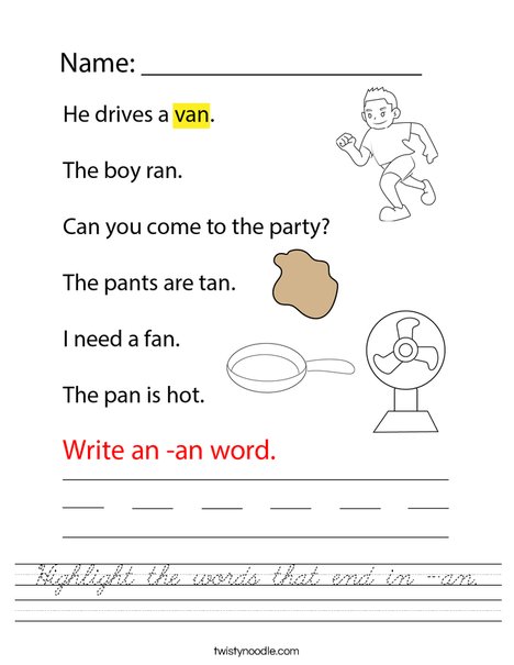 Highlight the words that end in -an. Worksheet