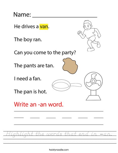 Highlight the words that end in -an. Worksheet