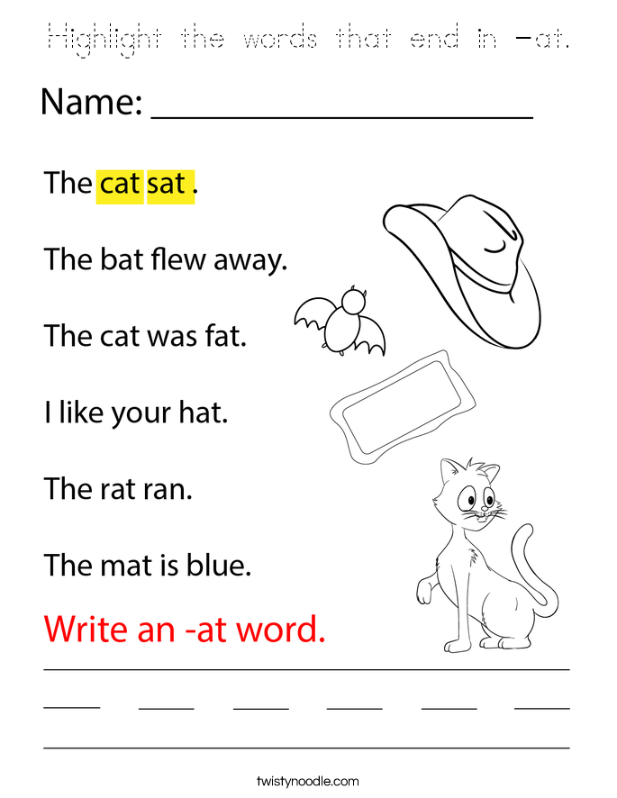Highlight the words that end in -at. Coloring Page