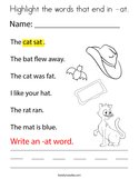 Highlight the words that end in -at Coloring Page