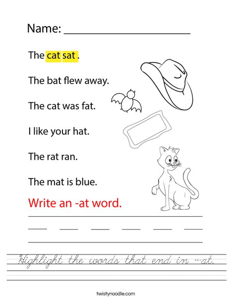 Highlight the words that end in -at. Worksheet