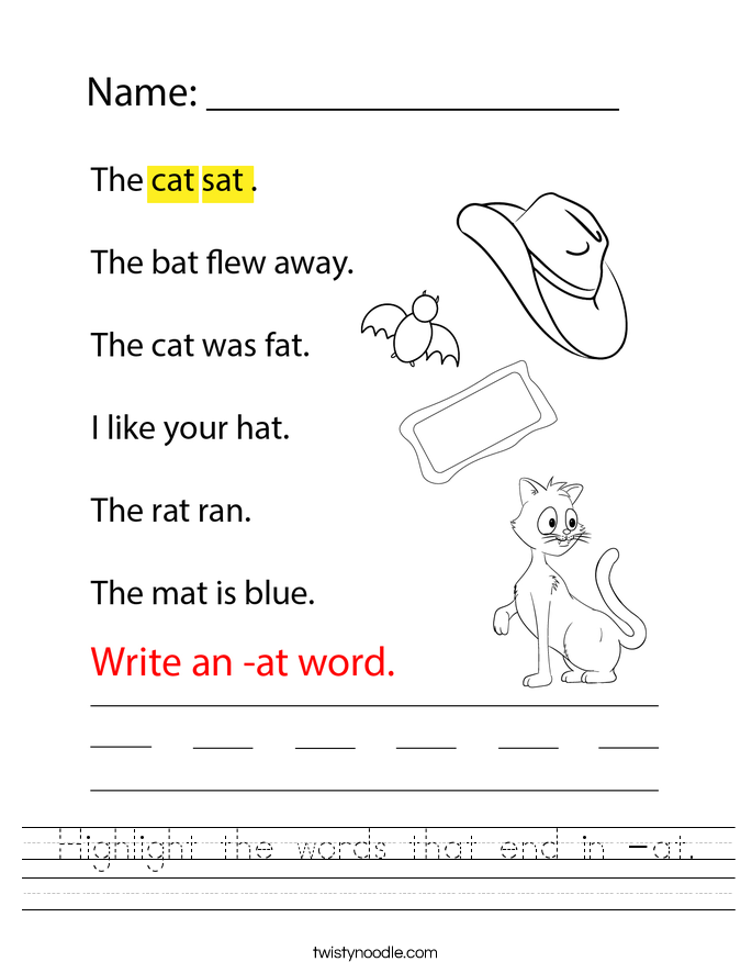 Highlight the words that end in -at. Worksheet