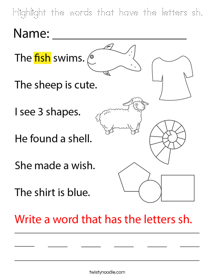 Highlight the words that have the letters sh. Coloring Page