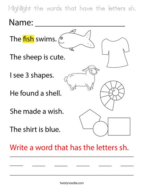 Highlight the words that have the letters sh. Coloring Page