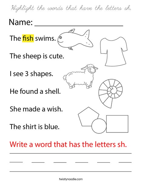Highlight the words that have the letters sh. Coloring Page