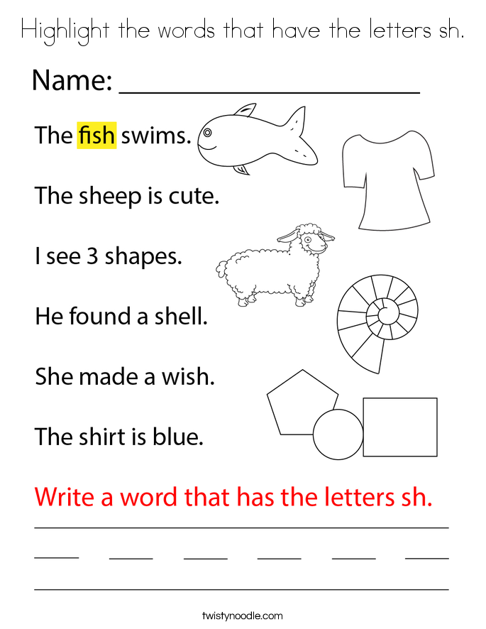 Highlight the words that have the letters sh. Coloring Page