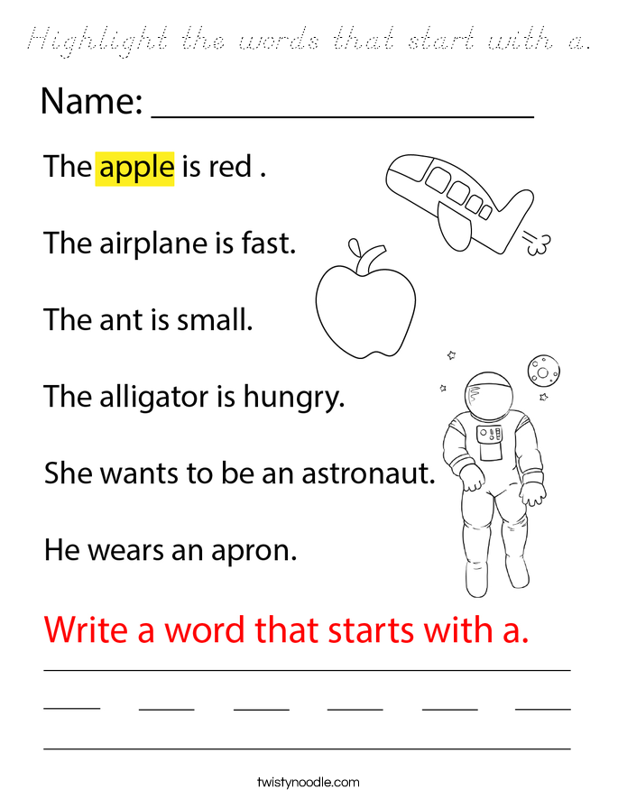 Highlight the words that start with a. Coloring Page