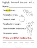 Highlight the words that start with a. Coloring Page