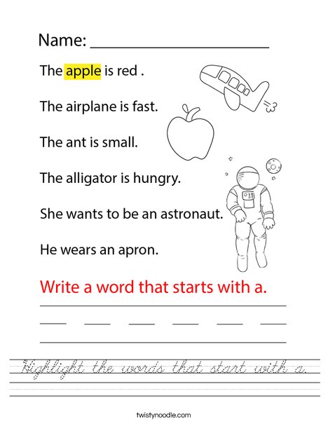 Highlight the words that start with a. Worksheet