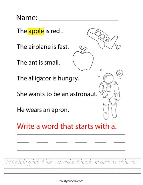 Highlight the words that start with a. Worksheet