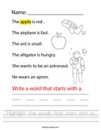 Highlight the words that start with a Handwriting Sheet