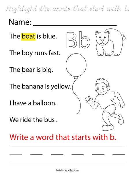 Highlight the words that start with b. Coloring Page