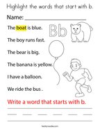 Highlight the words that start with b Coloring Page