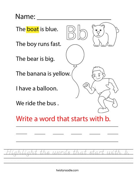 Highlight the words that start with b. Worksheet