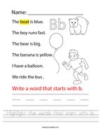 Highlight the words that start with b Handwriting Sheet