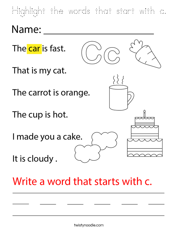 Highlight the words that start with c. Coloring Page
