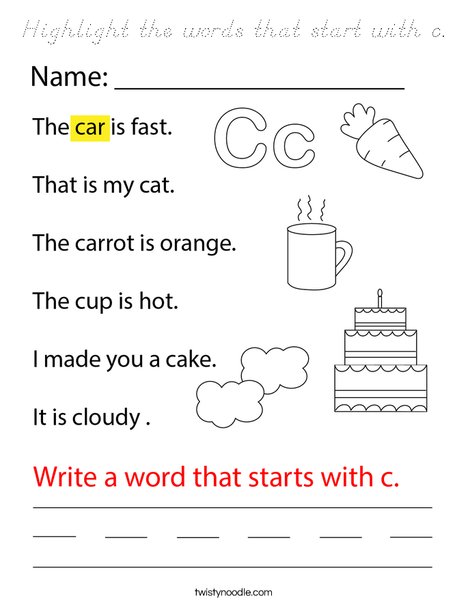 Highlight the words that start with c. Coloring Page