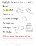 Highlight the words that start with c Coloring Page