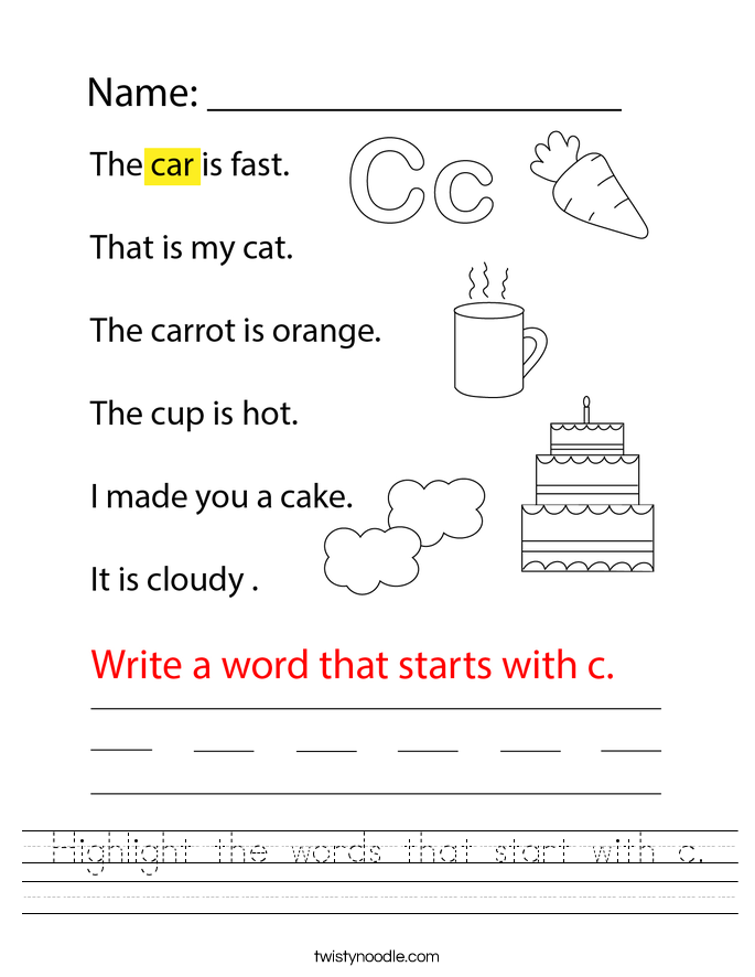 Highlight the words that start with c. Worksheet