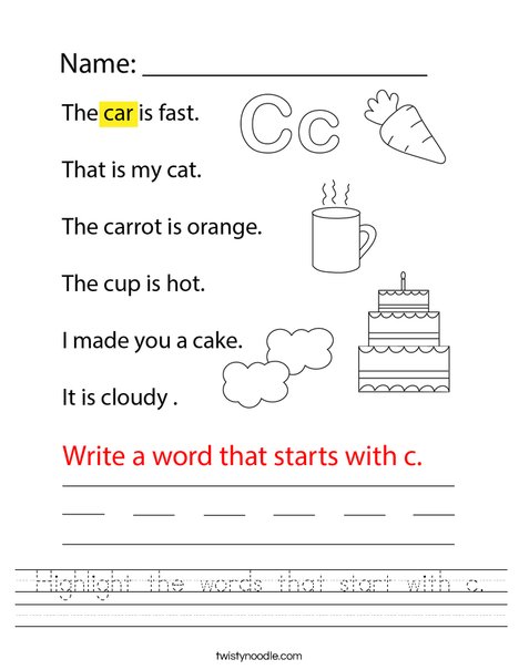 Highlight the words that start with c. Worksheet