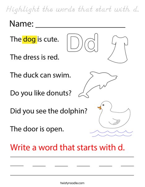 Highlight the words that start with d. Coloring Page