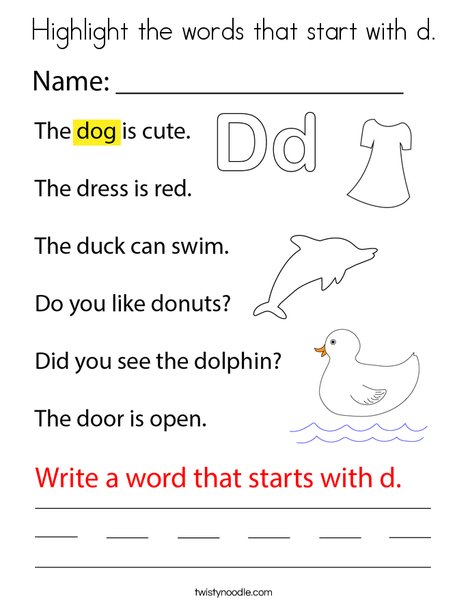 Highlight the words that start with d. Coloring Page