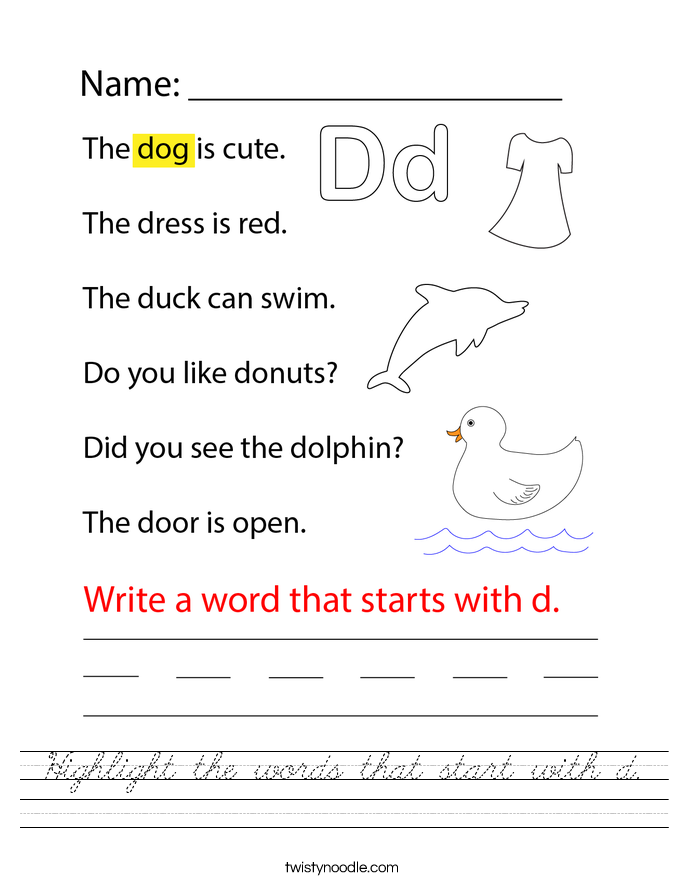 Highlight the words that start with d. Worksheet