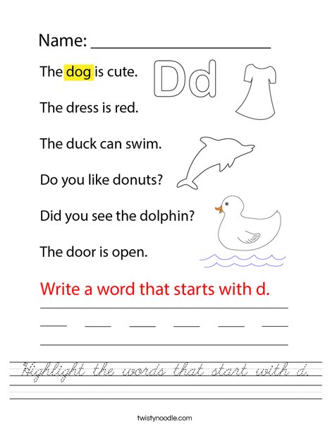 Highlight the words that start with d. Worksheet