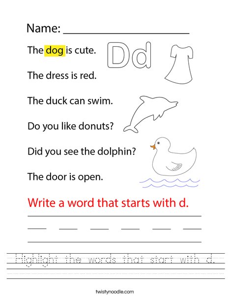 Highlight the words that start with d. Worksheet