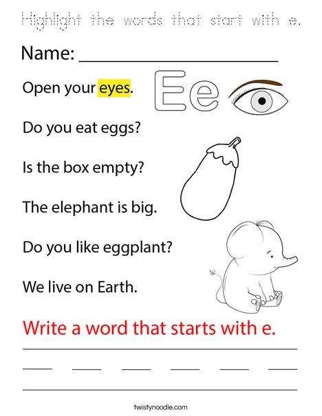 Highlight the words that start with e. Coloring Page