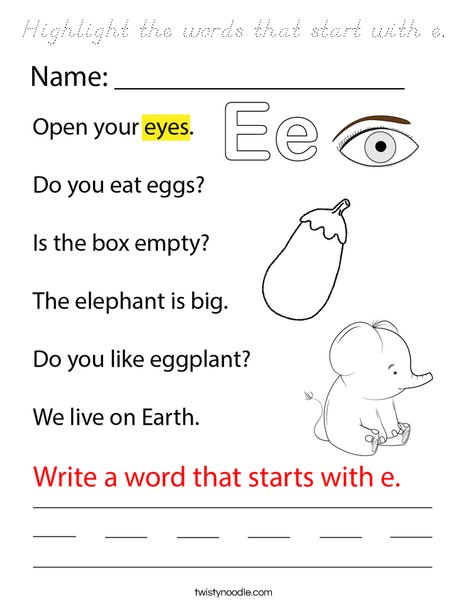 Highlight the words that start with e. Coloring Page