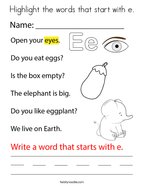 Highlight the words that start with e Coloring Page
