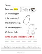 Highlight the words that start with e Handwriting Sheet