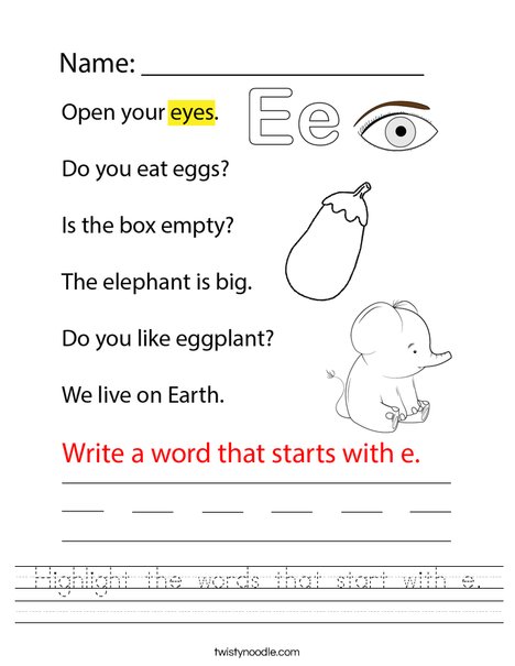 Highlight the words that start with e. Worksheet