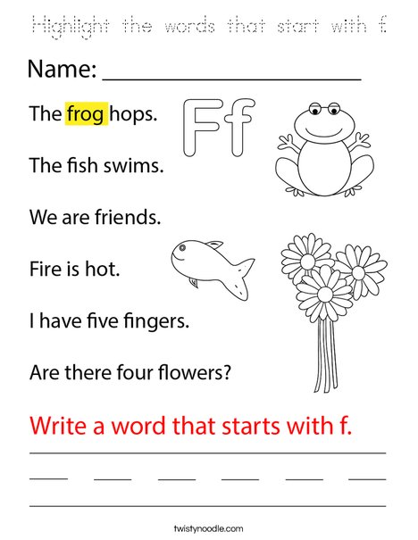 Highlight the words that start with f. Coloring Page