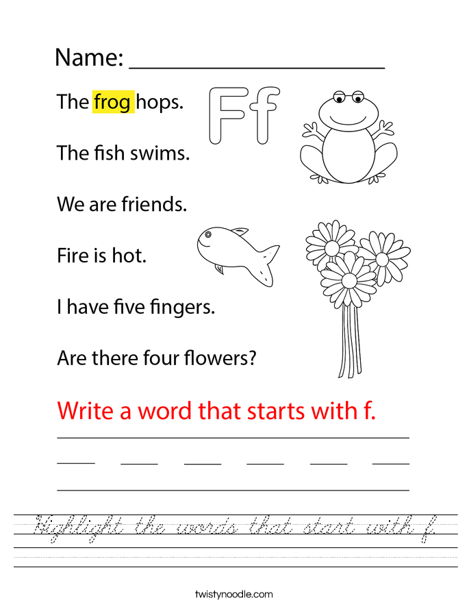 Highlight the words that start with f. Worksheet